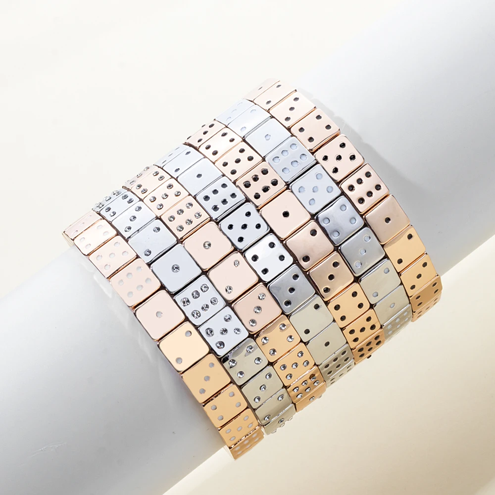 

2023 New Design Gold Color Beads Bangle For Women Paved Diamond Dice Inscription Elastic Bracelets 8X8MM Square Shape Bobo Jewel
