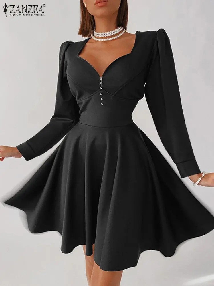 

French Elegant Solid Mini Dress 2022 ZANZEA Knitted A Line Vestidos Spring Holiday Short Dresses Women Fashion Party V Neck Robe