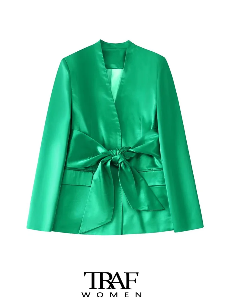 

TRAF Women Fashion With Belt Satin Lapelless Blazer Coat Vintage Long Sleeve Flap Pockets Female Outerwear Chic Veste Tops