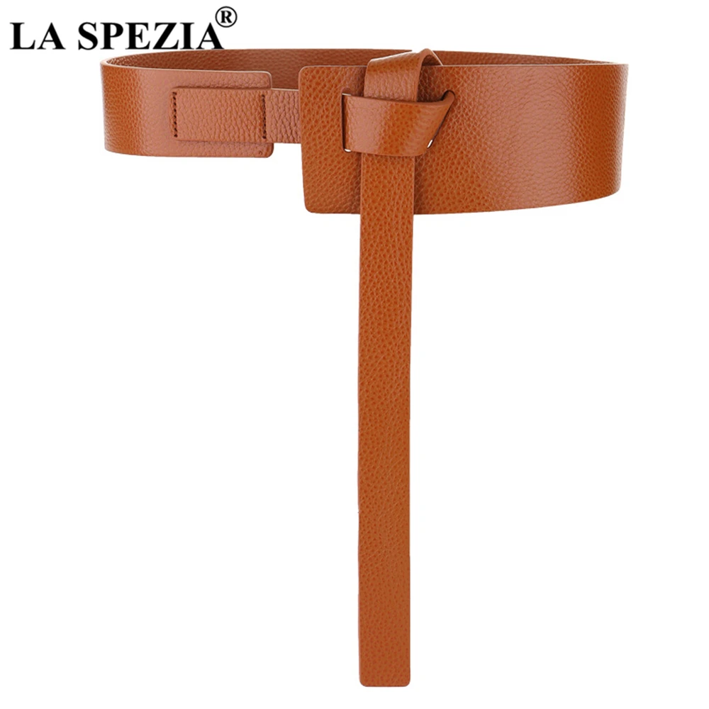 LA SPEZIA Genuine Leather Wide Waist Belts For Dress Women Belt Self Tie Solid Black Red Camel Fashion Female Corset Belt 120cm