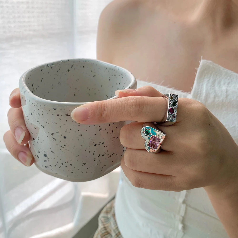 

Korean Fashion Style Y2K Heart Star Gemstone Zircon Set Vintage Contrast Color Rings