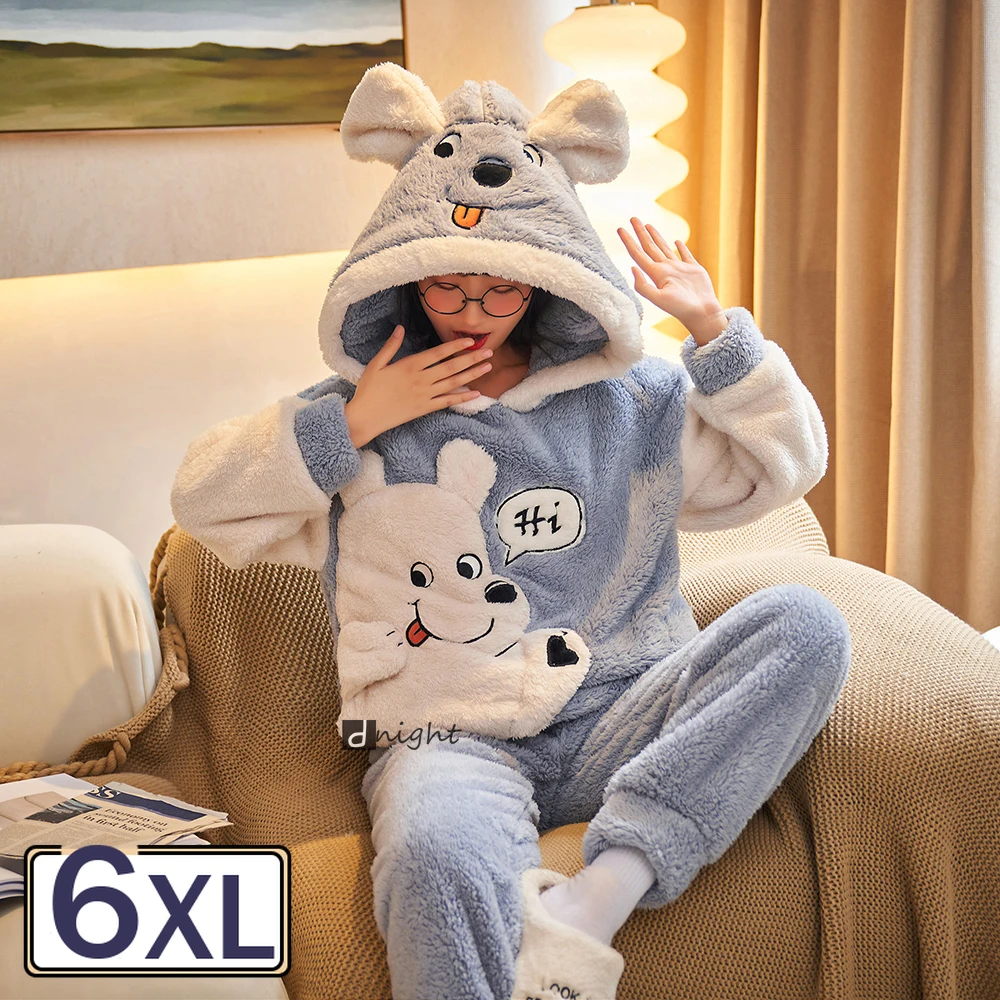 

Oversize 6XL Women's Thick Warm Flannel Pajama Set Kigurumi with Hood Cartoon Shaggy Terry Women's Cute Night Suits Outer Wear