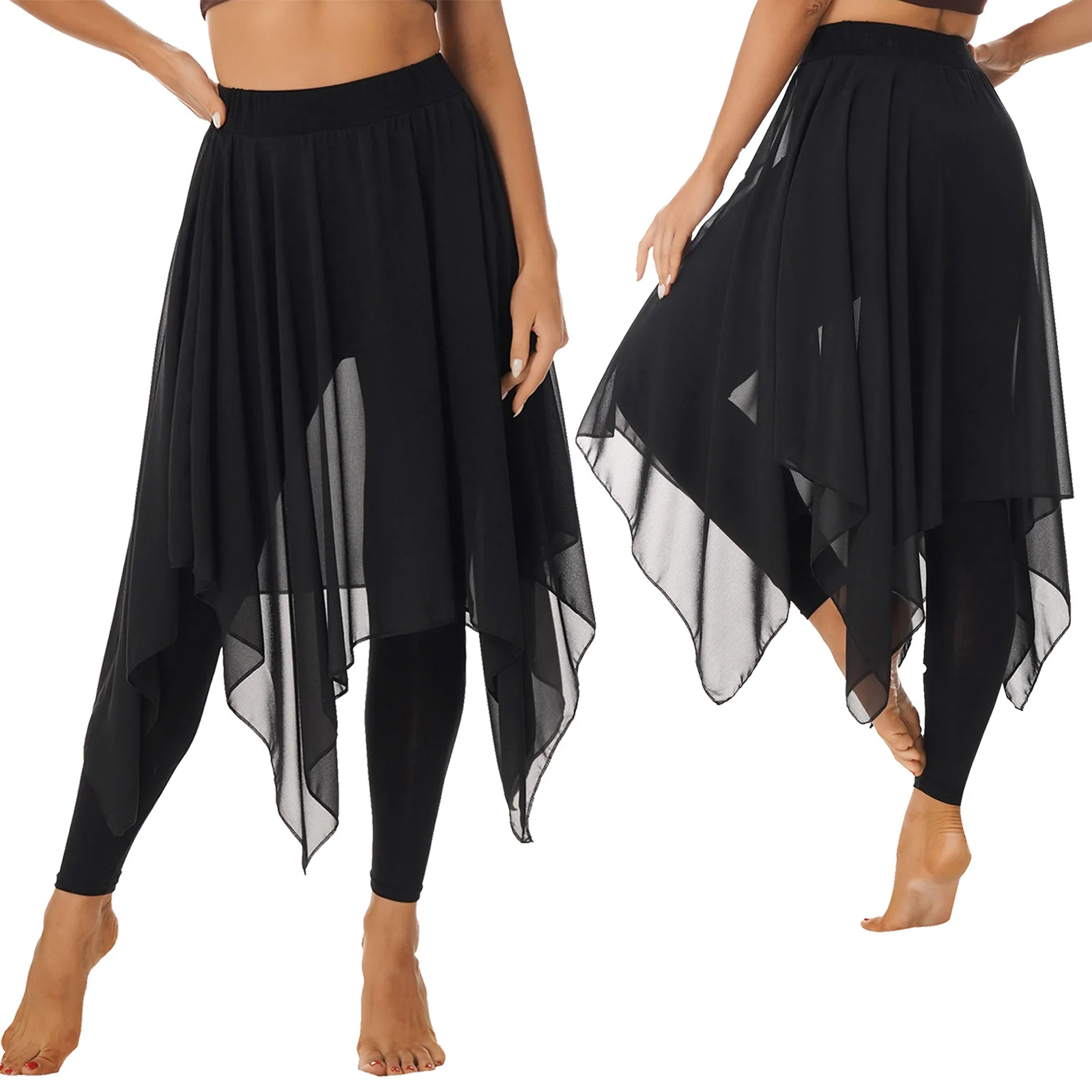 

Womens Black Color Asymmetrical Hem Sheer Chiffon Skirt Elastic Waistband Leggings Skirts Ballet Dance Pantskirt Dancewear