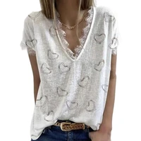 2022 new design good quality factory price fashion hot selling womens love retro print v neck lace casual t shirt