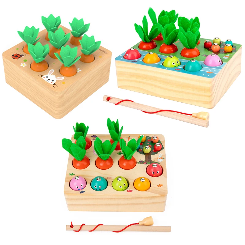 

3D Wooden Toys Montessori Baby Toys Set Pulling Carrot Shape Matching Size Cognition Educational Toy for Children