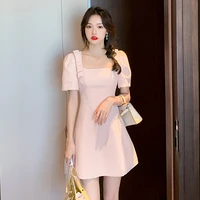 women one piece ladies korea dress summer 2022 new french style bow puff sleeve square collar high waist dresses dropshipping