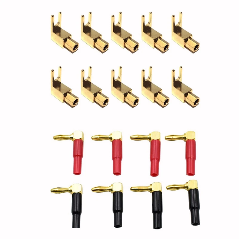 

10Pcs Right Angle Spade Fork & Binding Post - 4Mm Banana Plug Socket With 8Pcs 4Mm Banana Plug