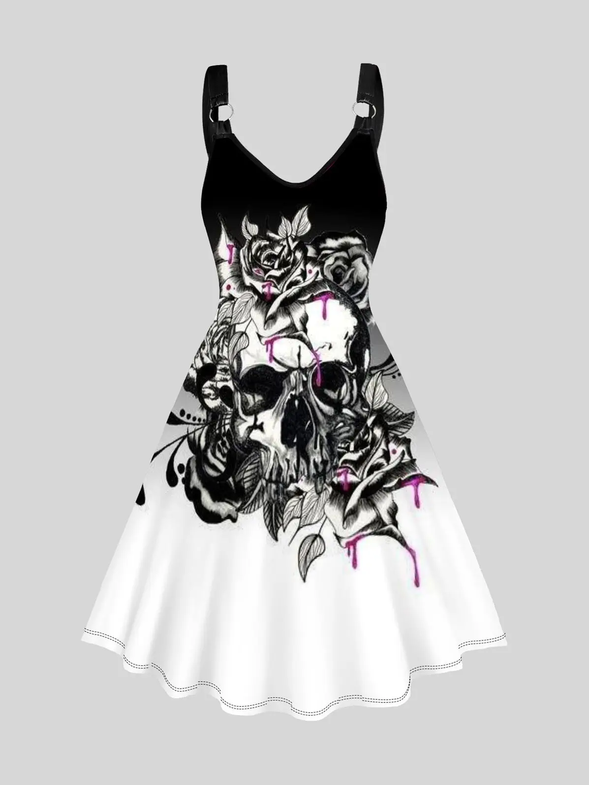 

Dressfo Gothic Gradient Tank Dress Skull and Rose Print A Line Casual Dress Middle Waist V-Neck Sleeveless Halloween Dress