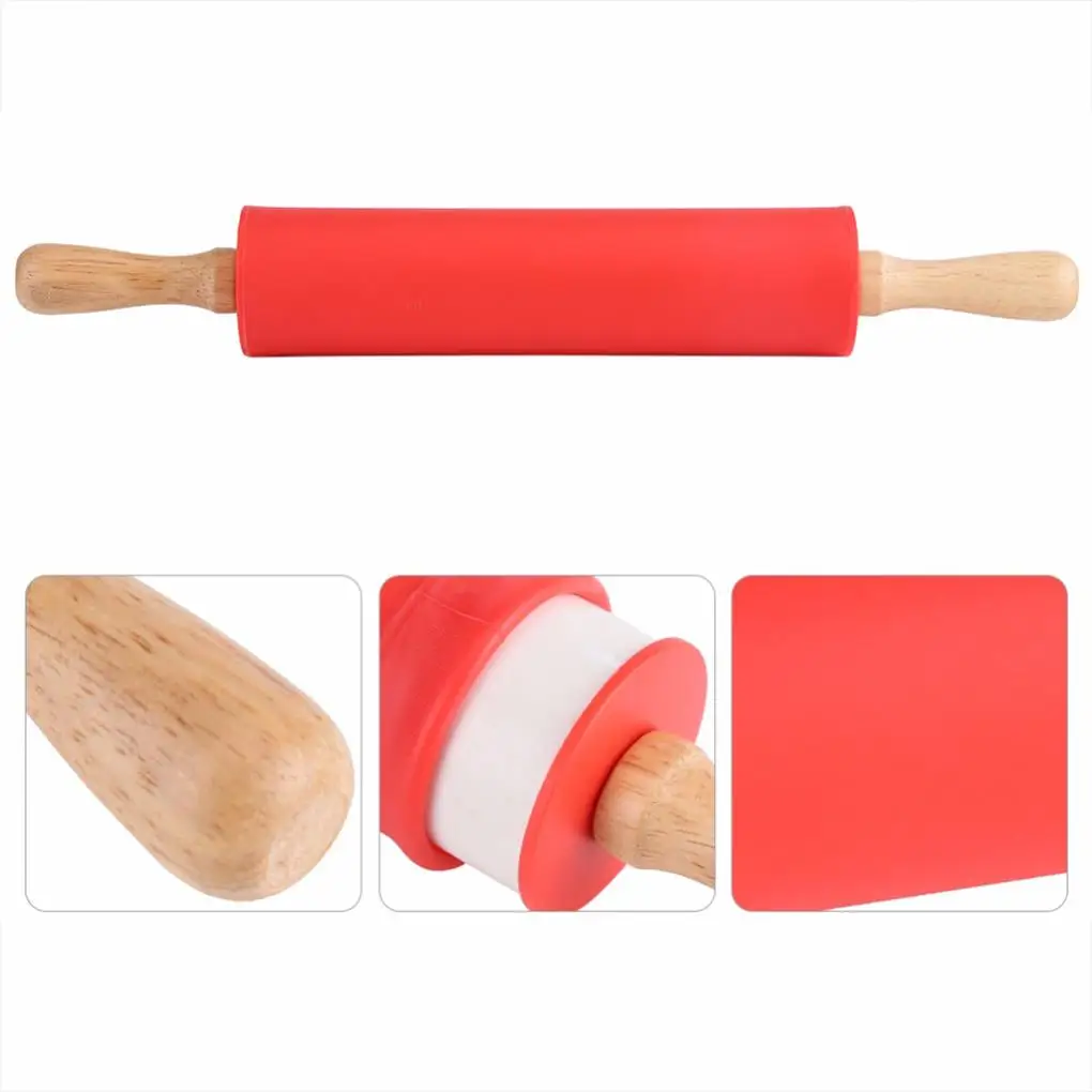 Антипригарная силиконовая скалка для помадки 3 размера деревянная ручка бара