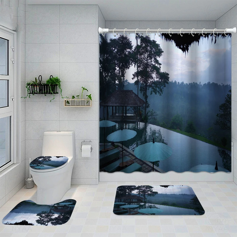 

Home Decor Bathing Waterproof Shower Curtain Set with 12 Hooks Toilet Covers Bath Mats Bathroom Non-slip Rug Carpet Polyester