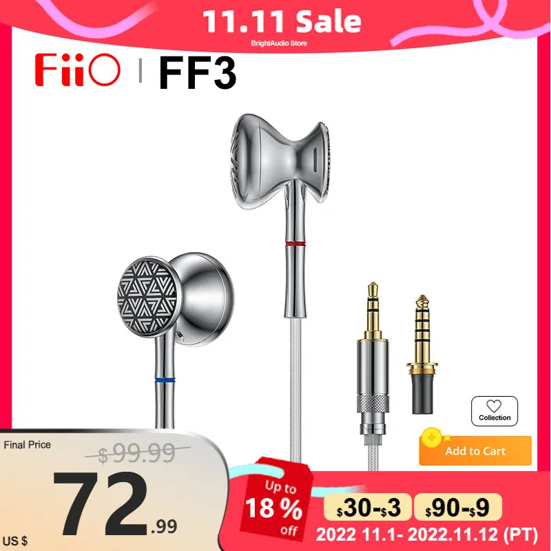 Cena FiiO FF3 Hi-res Słuchawki Hi-fi Muzyka Płaskie Słuchawki Douszne DrumType 14.2mm Dynamiczny Sterownik 3.5mm 4.4mm Twist-lock Wymienna Wtyczka IEM