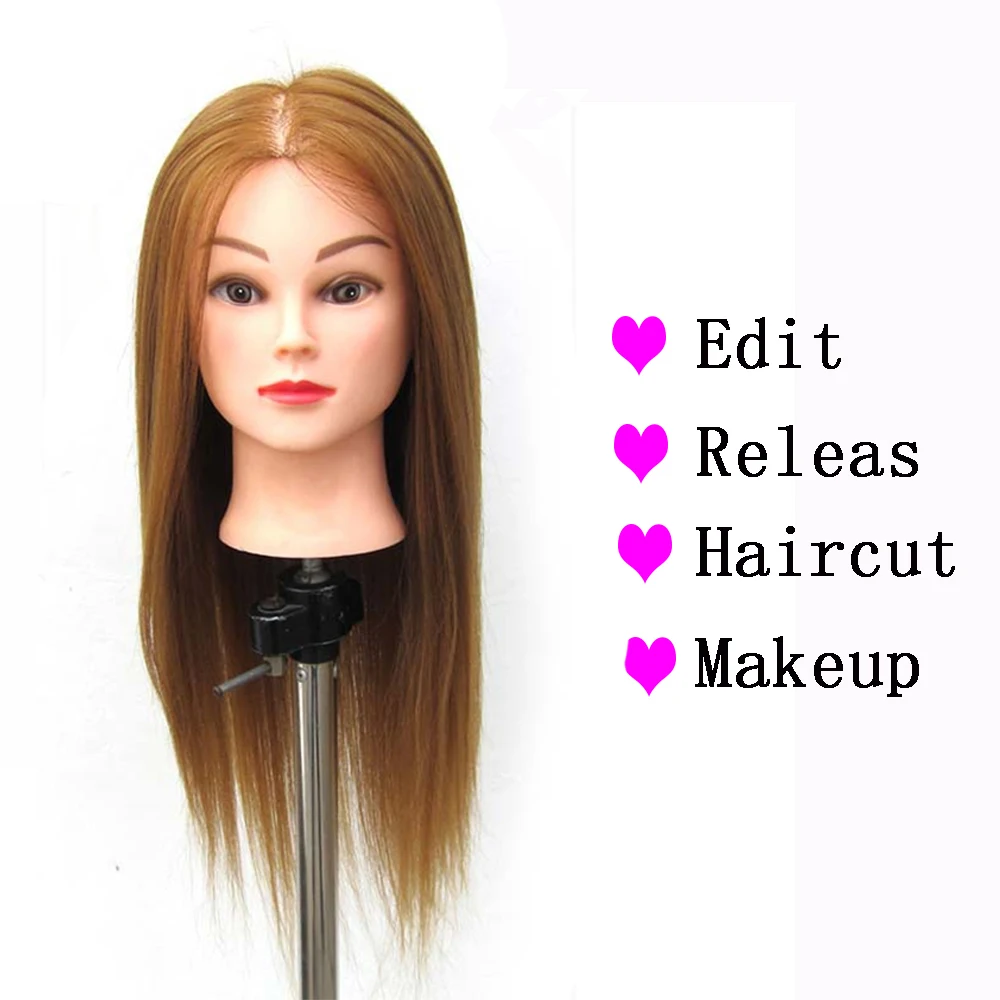 Practice Training Head Straight Synthetic Long Hair Salon Model Hairdressing Mannequin Doll Brown Color Femle Head Clamp