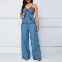 lady jumpsuit bow knot decor sleeveless straight pants v neck hollow out summer denim romper female clothes