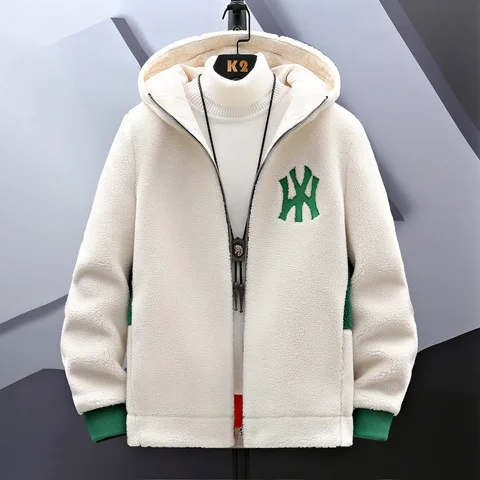 New Men's Top Lamb Fleece Casual Hooded Zipper Warm Winter Thick Embroidery Logo Youth Designer Dress Jacket