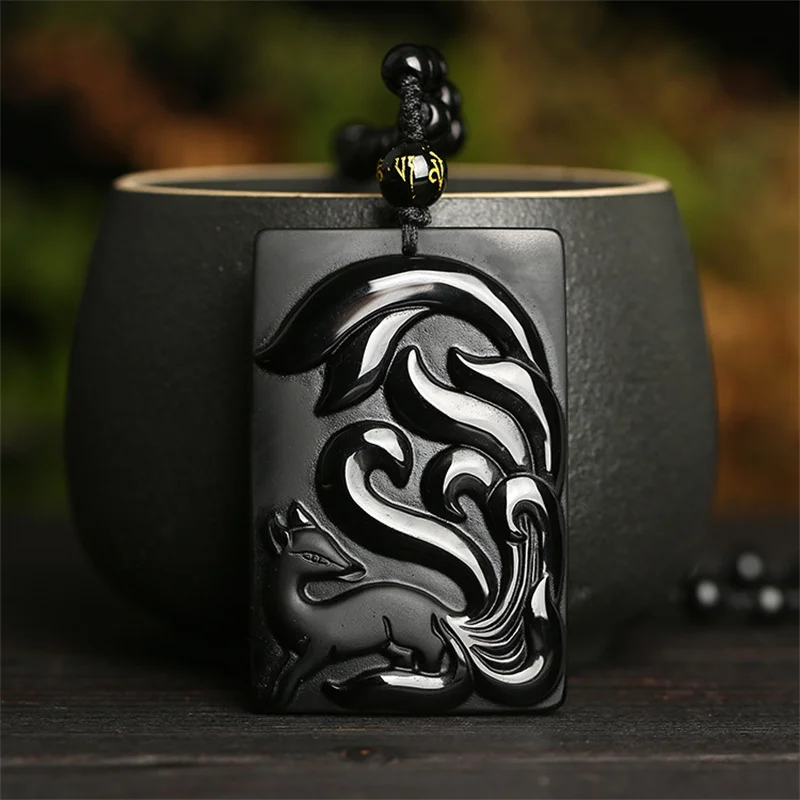 

Подвеска из натурального обсидиана с подвеской из девяти хвостовой лисы для мужчин и женщин, подвески по фэн-шуй, черные нефриты, Подвески р...