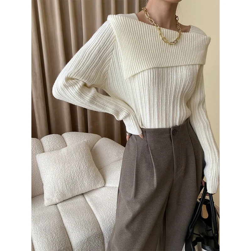 

Thickened Slash Neck Shoulder Slim Knitted Sweater Long Sleeve Slim Fit Tops