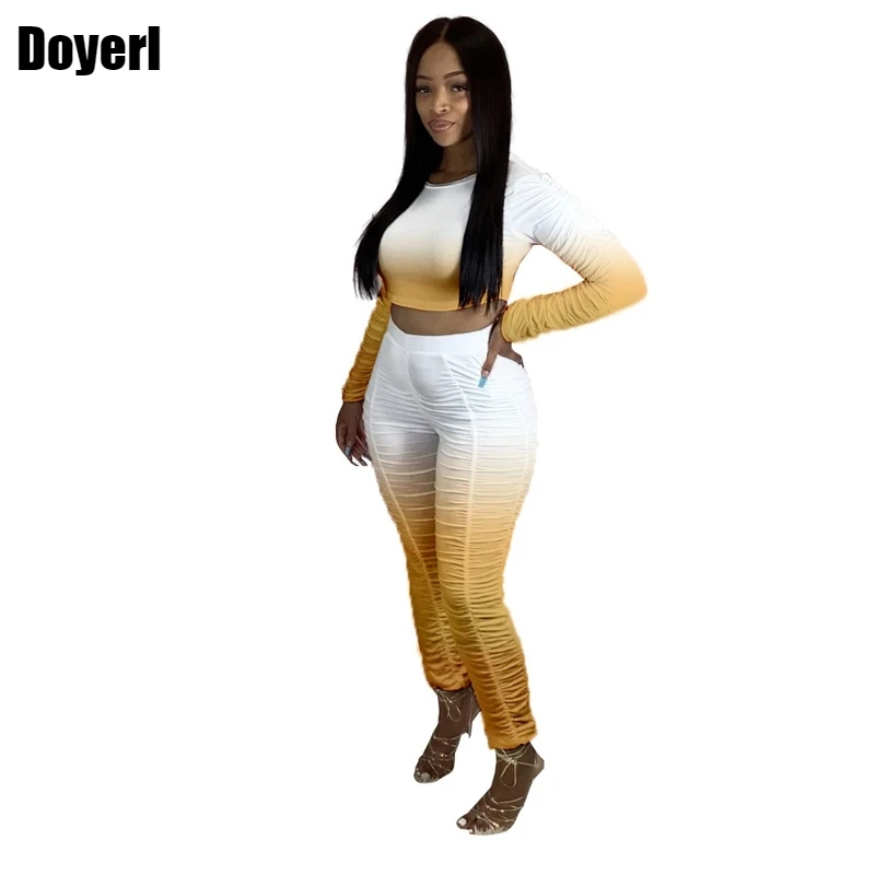 

Tie Dye Two Piece Bodycon Outfits Women Festival Clothing Lounge Set Long Sleeve Crop Tops Stacked Pants Tracksuits Women Set