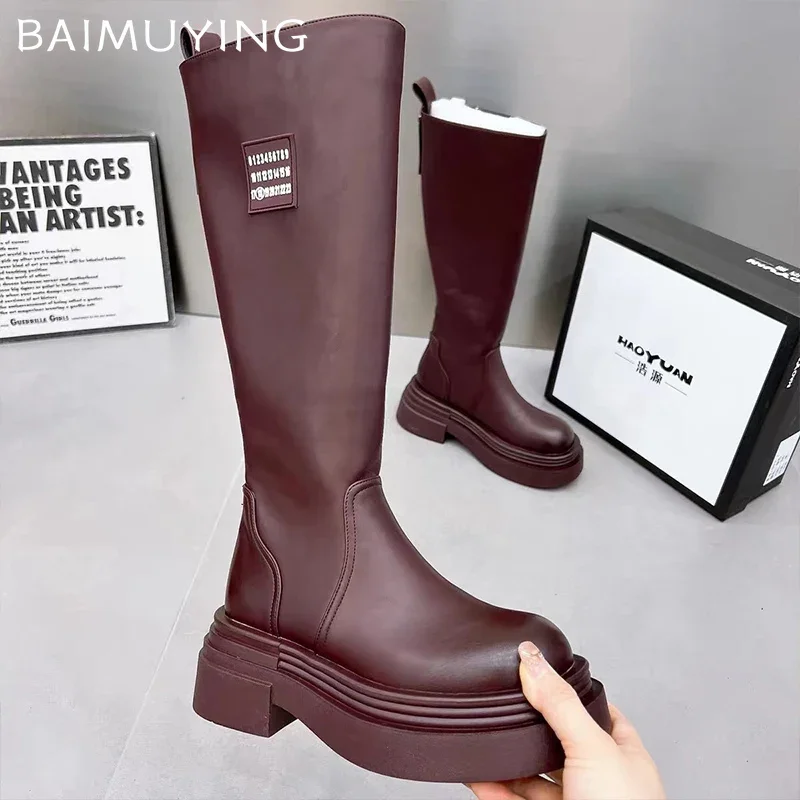 Женские высокие сапоги на платформе модная обувь среднем каблуке кожаные до