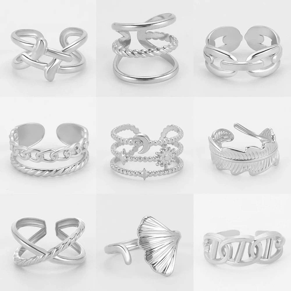 

Teamer Woman Stainless Steel Ring Geometric Adjustable Open Finger Rings Flower Leaf Chain Punk Party Jewelry Gift wholesale