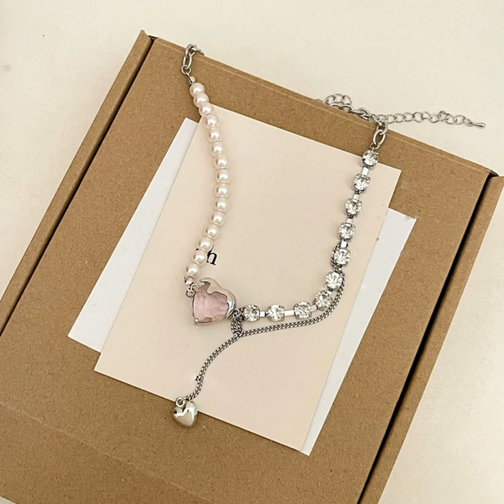 

Elegant Pink Heart Splicing Pearl Choker Necklace Big Round Pearl Wedding Necklace for Women Charm Fashion Jewelry