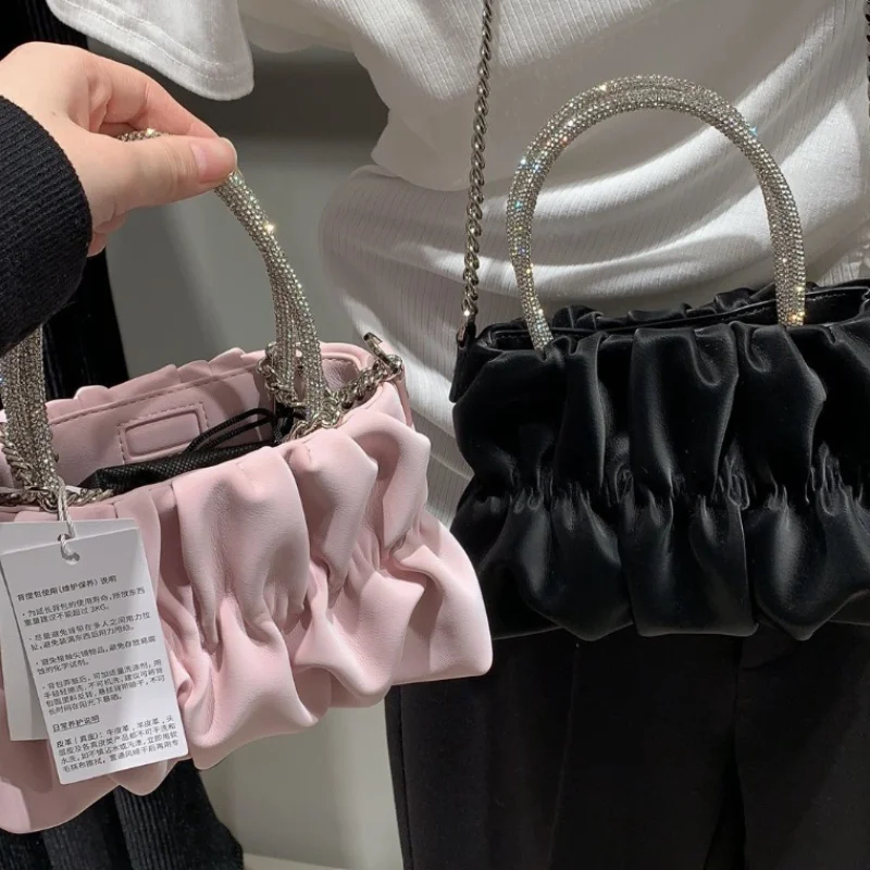 

Elegant Shoulder Bag Solid Color Pleated Cloud Rhinestones Square Bag Spring Summer Sweet Casual Fashion Designer Handbag