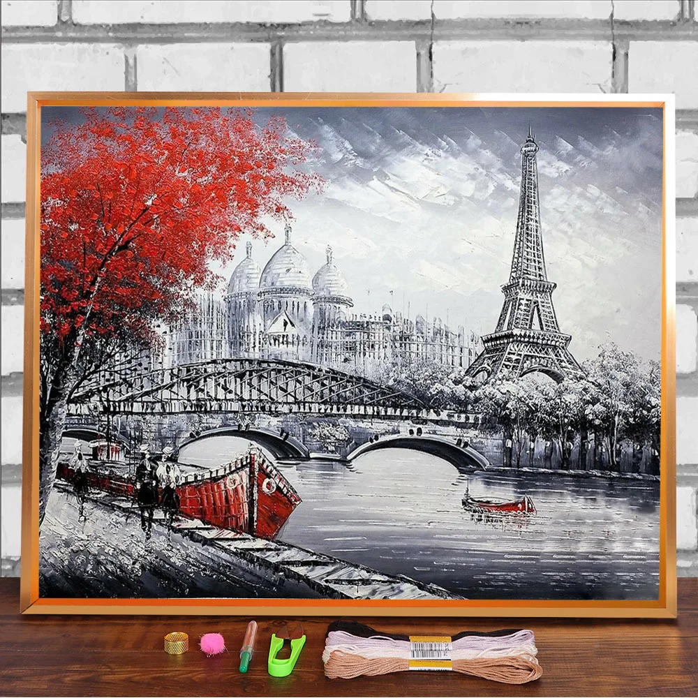 Уличный пейзаж Парижа на канве с нанесенной схемой вышивки крестом 11CT, набор содержит нитки DMC, спицы и инструкцию по ручному вязанию и ручной работе.