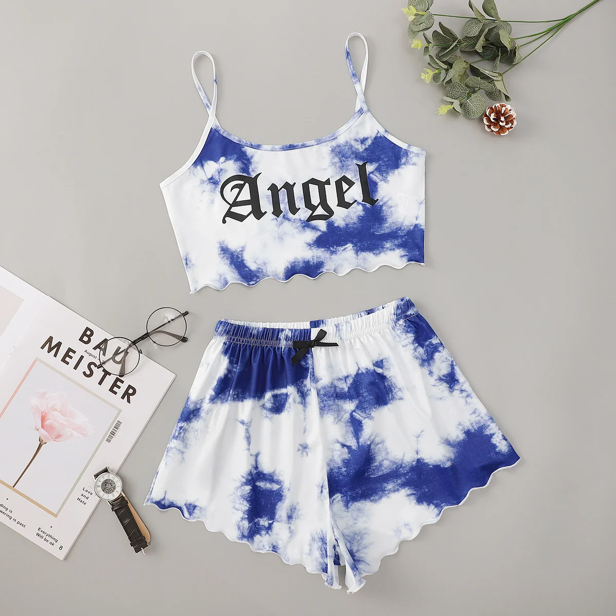

Personality Fashion Lady's Summer Angel Print Tie-dye Camisole With Shorts Pajama Set Comfortable Home Wear Sleepwear