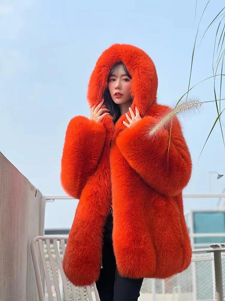 FURYOUME New Winter Women Real Fox Fur Coat Hooded Natural Silver Red Fox Fur Jacket Female Thick Warm Outerwear Ladies Clothes