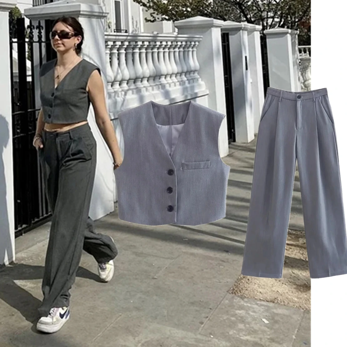 

Maxdutti Trousers Suits Pants Women Fashion SImple Solid Grey Color Single Breasted Short Vest Loose Sets