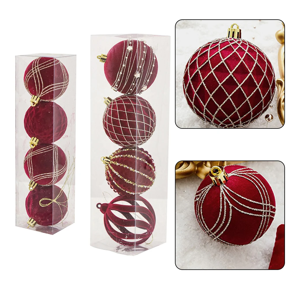 

4PCS 6/8CM Christmas Ball Red Flocking Ball Xmas Tree Hanging Ornaments New Year Hanging Bauble Pendants Xmas Decoration