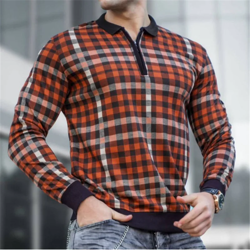 

Men Casual Long Sleeve Zipper Pullover Top Men's Fashion Slim All-match Polo Tops Spring Fall Plaid Printed Patchwork Polo Shirt