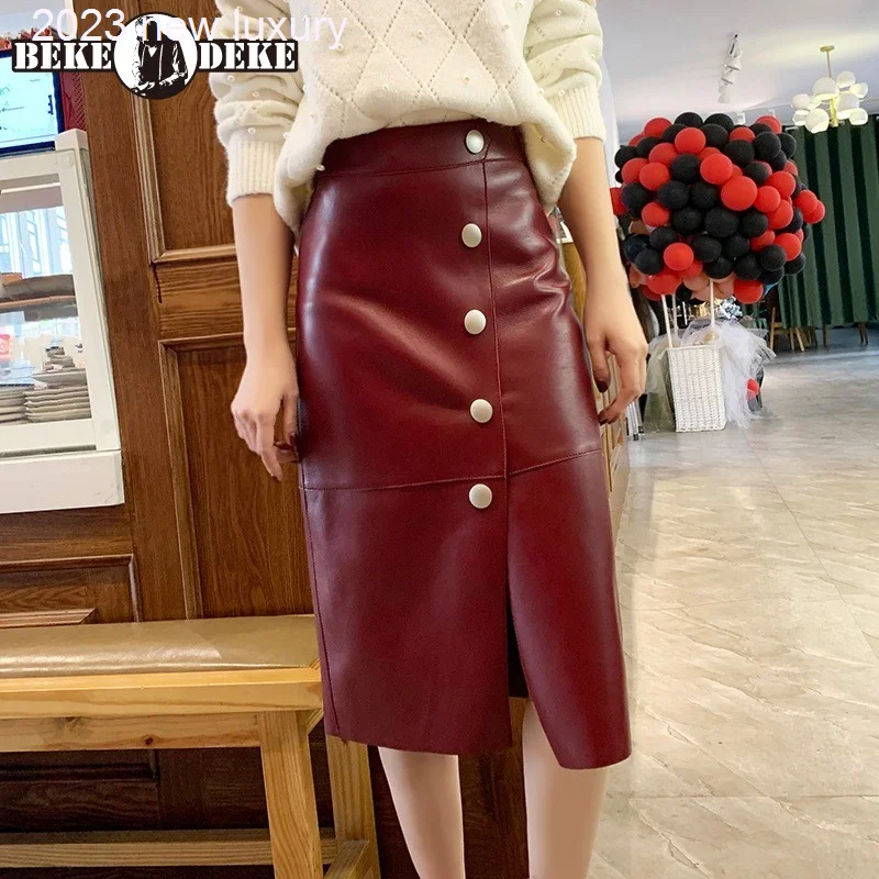 

Lady New Office Genuine Leather Vintage Button High Quality Korean Style Concise Spliced Elegant Skirt Fashion Womens