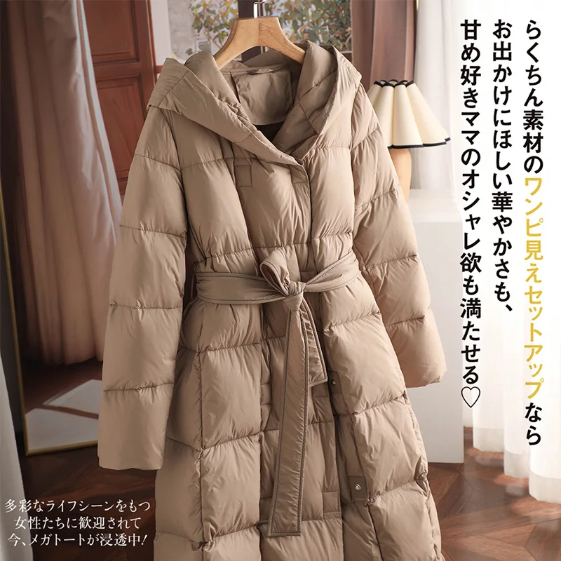 Fashion Design New 90%  White Duck Down  Long  Puffer Jacket  Abrigos Mujer  Women Jacket  Luxury  Slim  Adjustable Waist