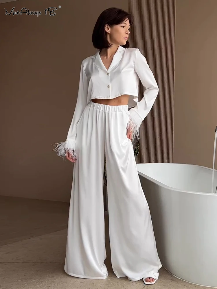 

Mnealways18 Feather Cuffs White Homewear Outfits Crop Tops Satin Baggy Pants Sets Two Pieces Sleepwear Outfits Autumn 2023 Lady