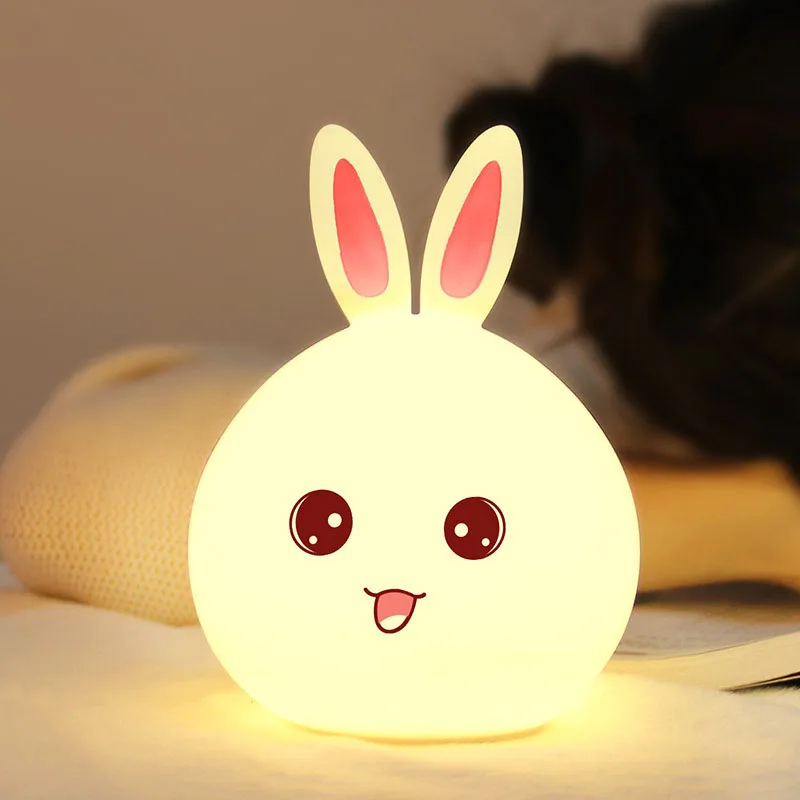 Cute Rabbit Silicone Night Light Colorful Discoloration Blue Pink Touch Dimming USB Cartoon Children Birthday Gift Sleep Light
