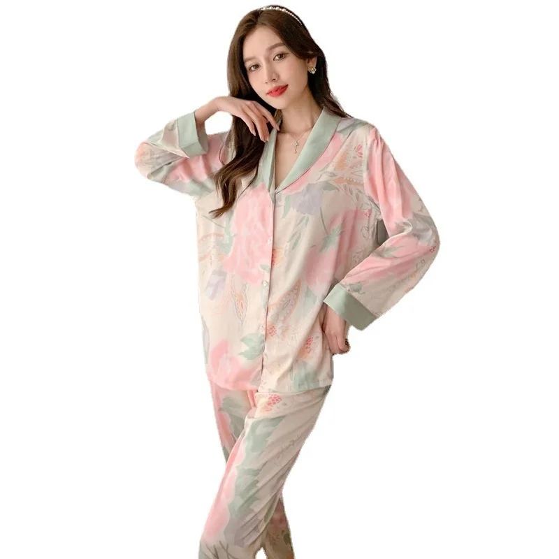 Lisacmvpnel Spring New Style Ice Silk Pajamas Women's Long Sleeved Suit Thin Home Clothes Suit Can Be Worn Outside Print Fashion