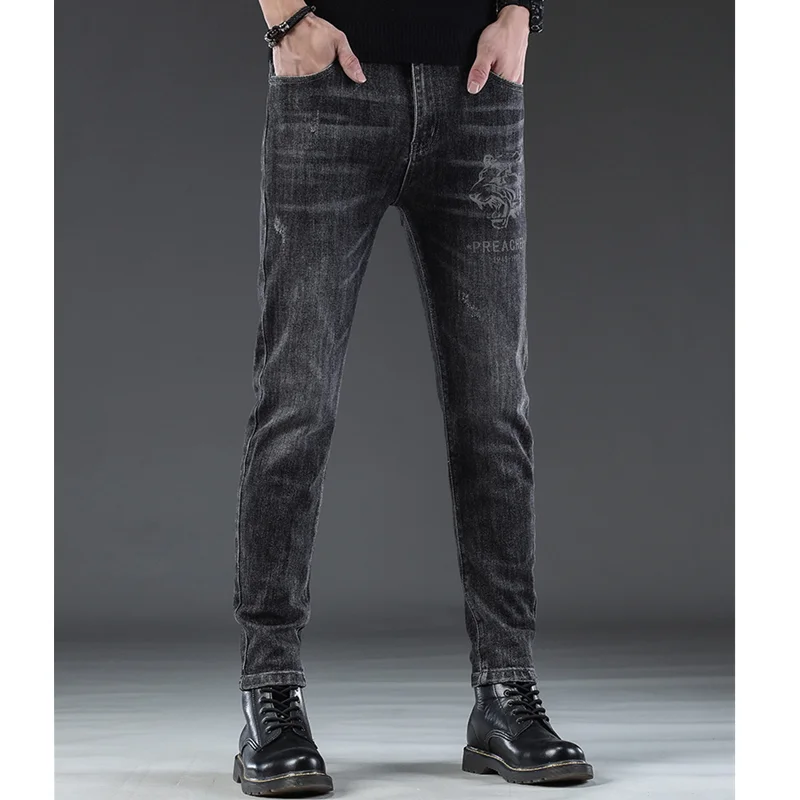 Men Clothing 2022 New Dark Grey Straight Plush and Thicken Jeans Self-cultivation Vintage Pencil Pants Women Autumn and Winter