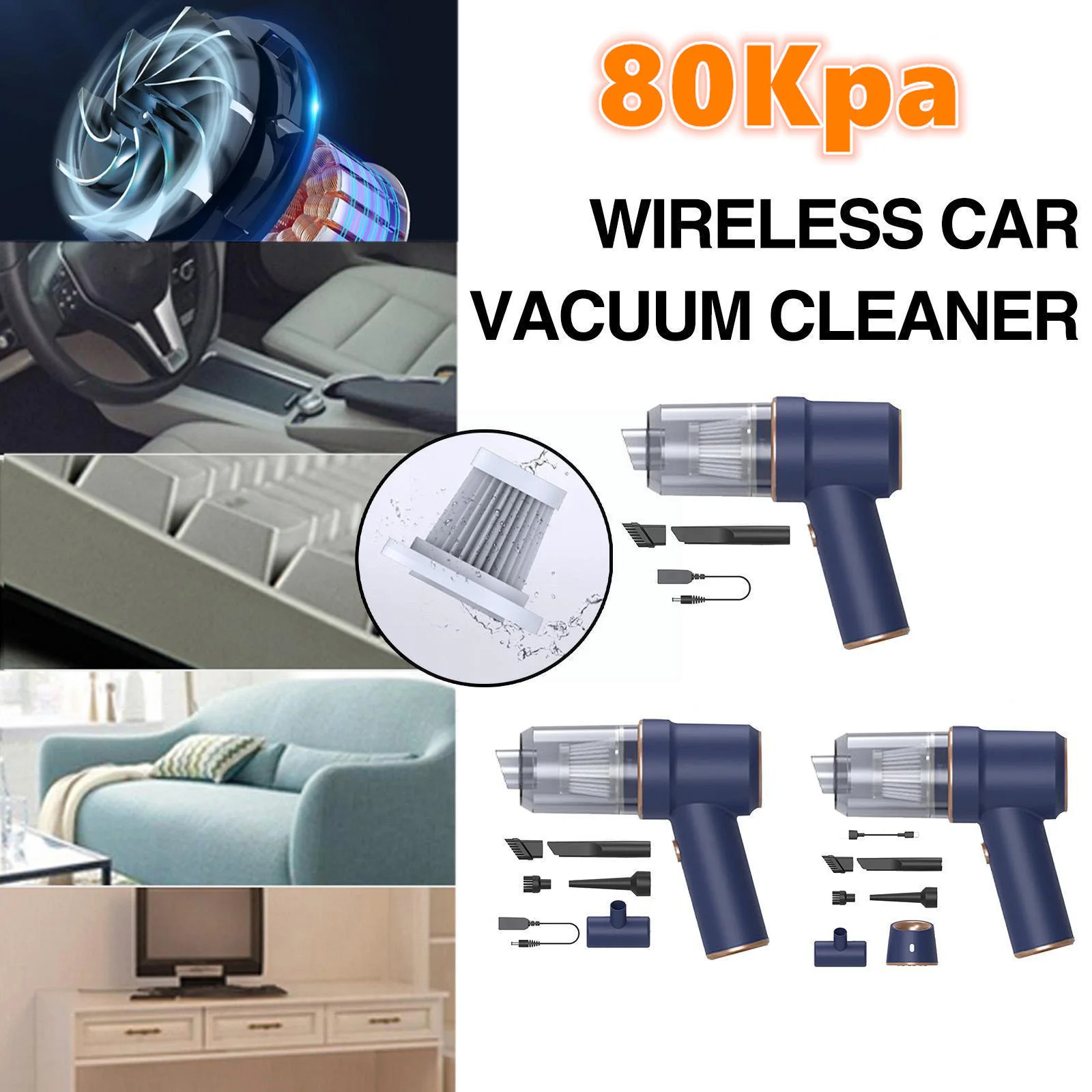 Портативный автомобильный пылесос 80000 па с беспроводной зарядкой влажная мощный