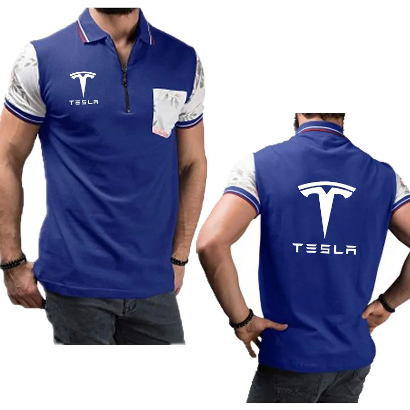 

Summer Hot sale Lapel Men's T-Shirt Tesla car logo print Business Fashion Men's clothing Top Quality men's short sleeves