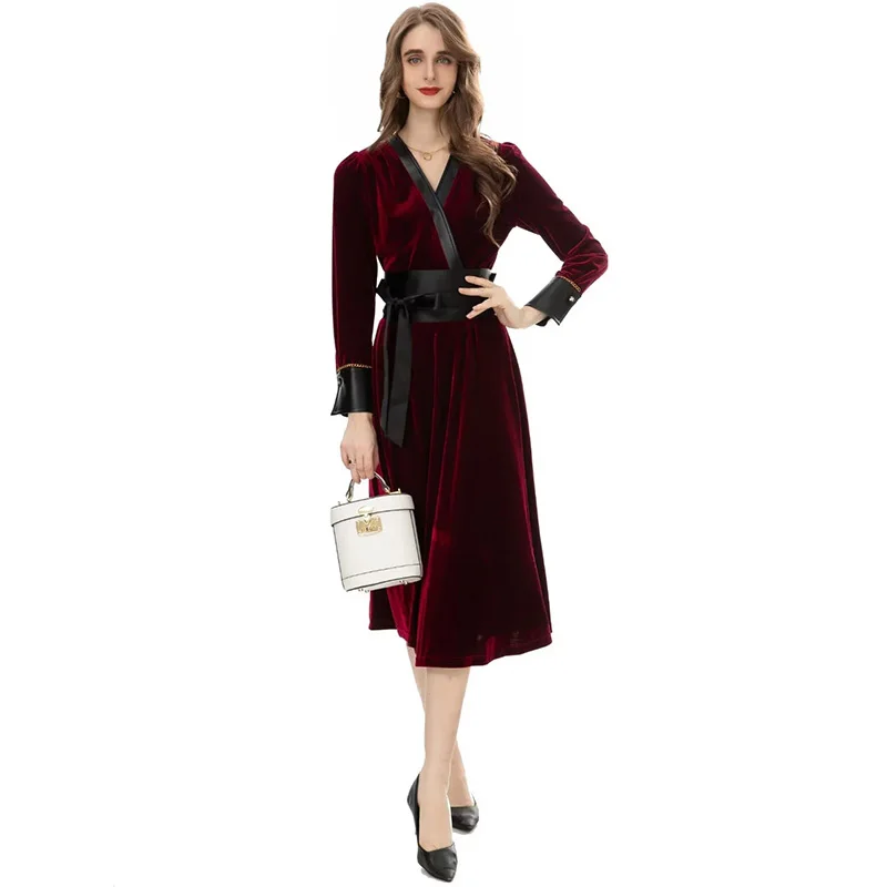 Janeyiren Fashion catwalk dress Autumn/Winter women V-neck belt long sleeve slim party velvet dress