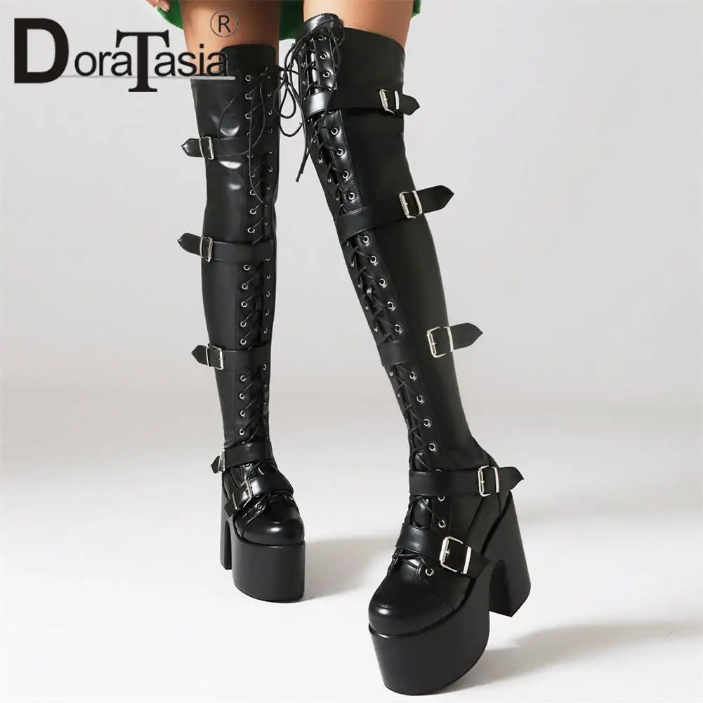 Brand New Ladies Platform Thigh High Boots Fashion Buckle Punk Chunky High Heels women's Boots Party Cosplay Goth Woman Shoes