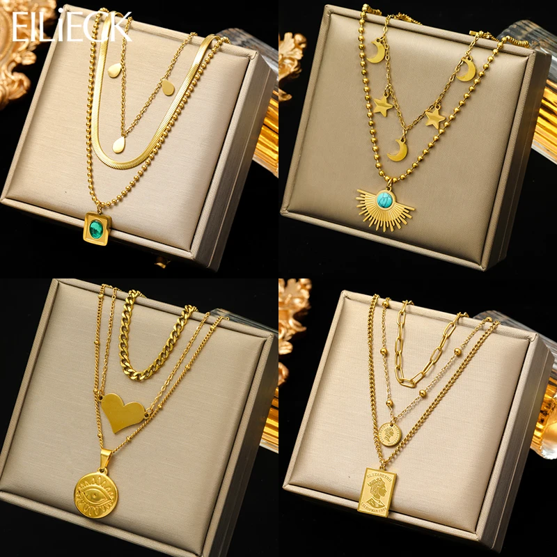 

EILIECK 316L Stainless Steel Multi-layer Geometric Portrait Coin Stone Pendant Necklace For Women Girl Fashion Chains Jewelry