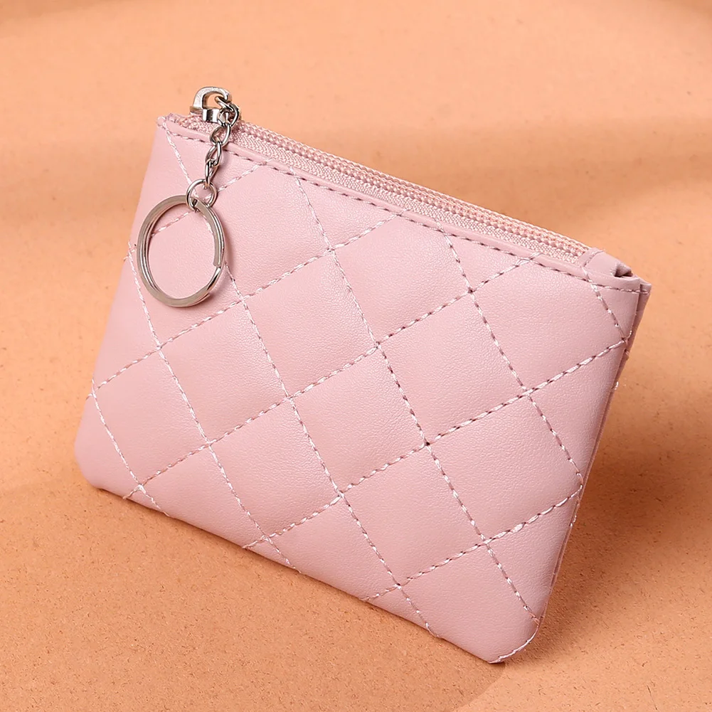 PU Leather Zip Coin Wallet Key Chain Women Fashion Small Purse Money Designer Diamond Pattern Short Change Pouch Coin Purse