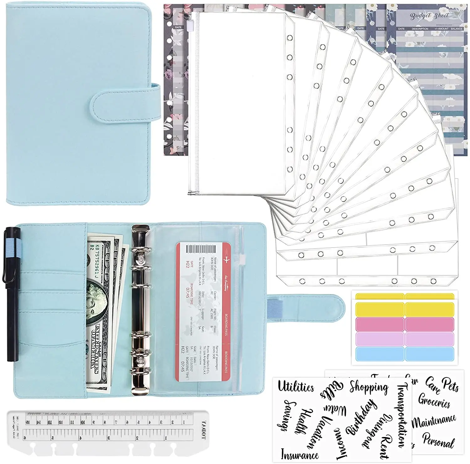 

Budget Binder Set - 28pcs Leather Ring Binder Notebook with Clear Cash Envelopes,Budget Sheets and Label Stickers,Cash Organizer