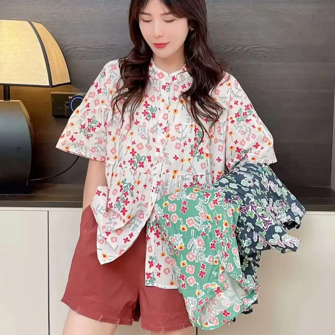 Шикарная и элегантная женская блузка с коротким рукавом воротником-стойкой