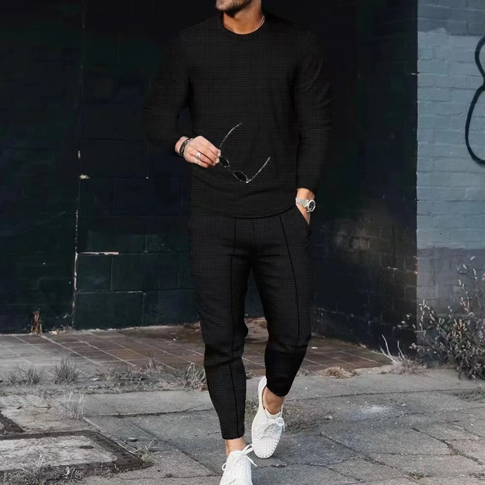 Male Solid Set Tracksuit Sportwear Jogger Outfit Suit Fashion Men Clothes Men's Long Sleeves T-shirt+Pants 2Pcs Sets Oversized