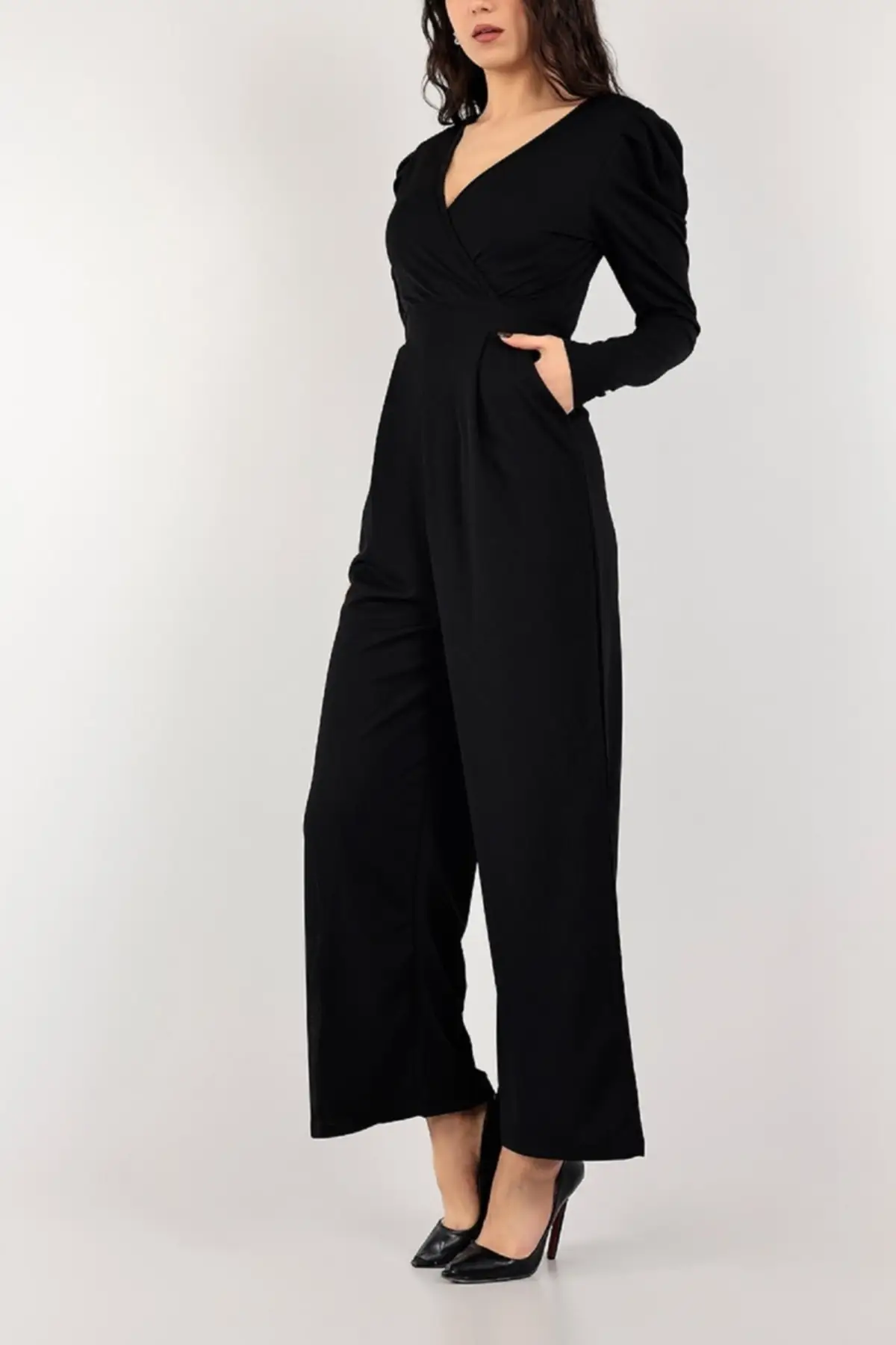 

Women's Overalls Black Wide Leg Tied Double Breasted Collar Pocket Detail Jumpsuit Hot Casual Fashion Jumpsuit