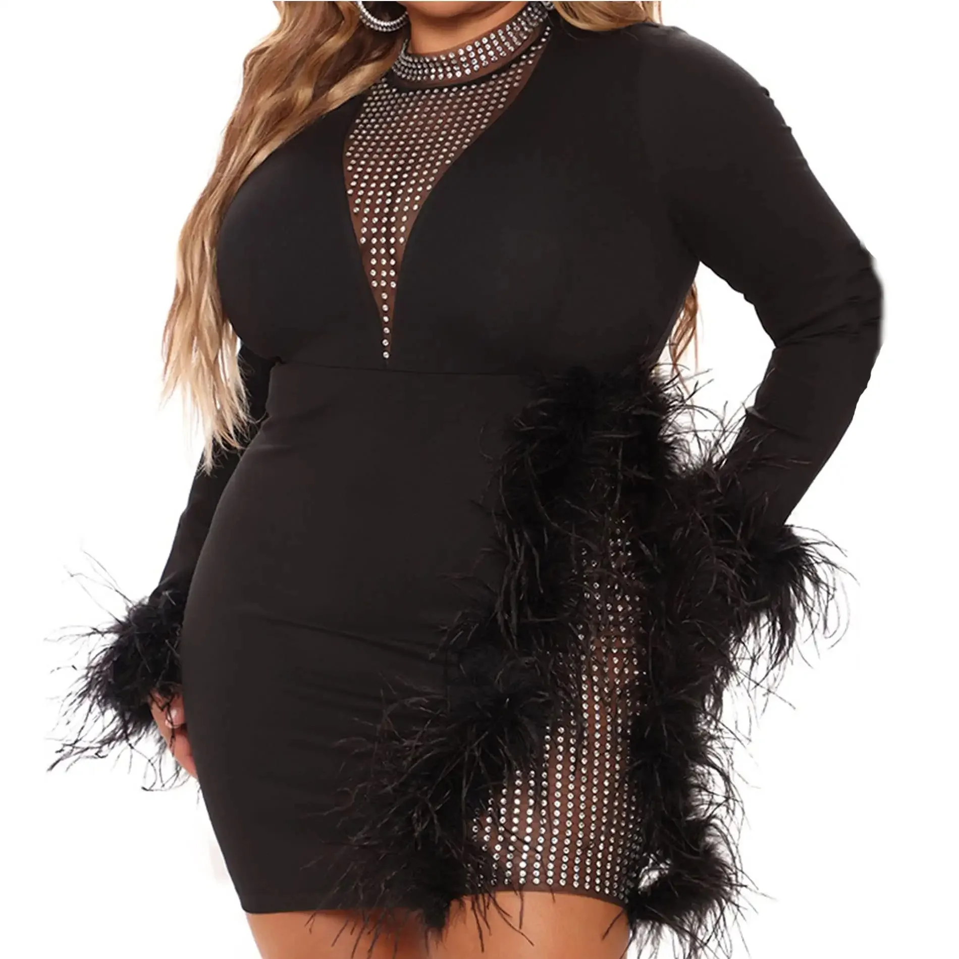 

Women's Plus Size Sexy Club Dress Long Sleeve Rhinestone Mesh See Through Bodycon Party Mini Dress Feather Sequin Bodysuit