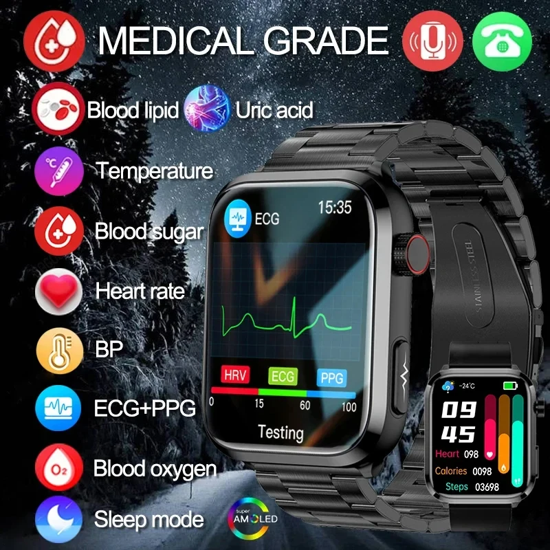 

Medical Grade Smart Watch Blood Sugar Blood Lipid Uric Acid ECG+PPG Body Temperature Bluetooth Call Health Smartwatch 2023 New