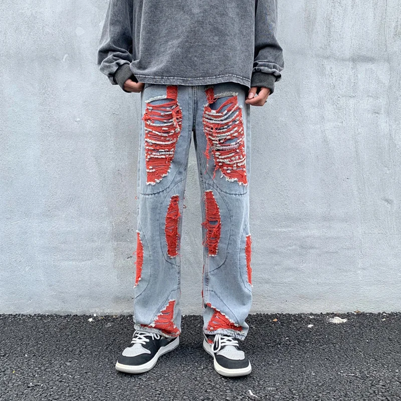 High Street Men's Jeans Contrast Color Ripped Baggy Fashion Denim Trousers Hip Hop Streetwear Plus Size Bottoms Male Y2K Clothes